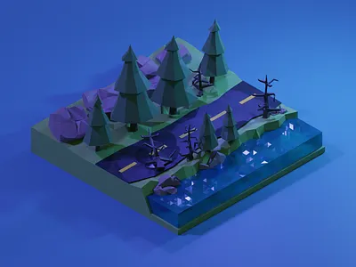 Night forest road scene 3d blender graphic design photoshop ui