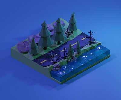 Night forest road scene 3d blender graphic design photoshop ui