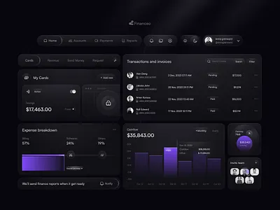Financeo: Components & Cards admin ai bank banking crypto dark dash dashboard exchange finance financial graph launchpad modern money shipping startup wallet web design web3