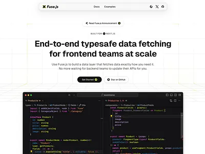 Fuse.js Landing Page Hero data layer datalayer dev tooling figma fuse fusejs graphql green grid hero landing page library light mode minimal nextjs react saas vercel web