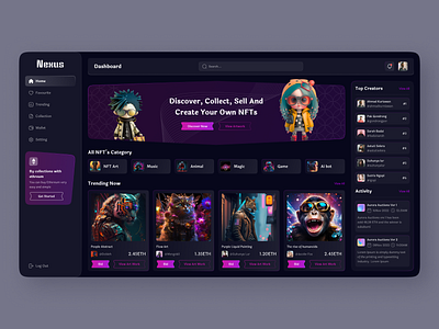 Nexus - NFT Dashboard | Revolution crypto dark dashboard design graphics icon marketplace nft nft collection nft marketplace panel platform ui user interface ux web webdesign website website design