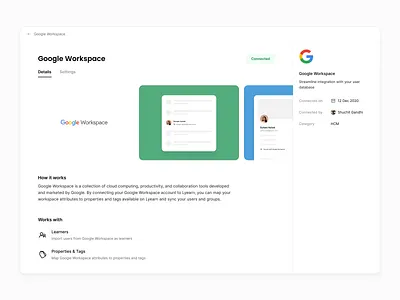 Integration Detail Page clean connection designsystems detailpage google googleworkspace integration integrations lyearn minimal productdesign simple ui visuals