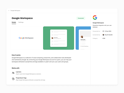 Integration Detail Page clean connection designsystems detailpage google googleworkspace integration integrations lyearn minimal productdesign simple ui visuals
