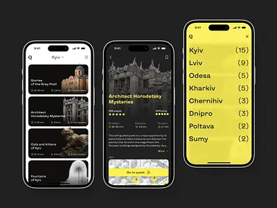 City Quest Mobile App adventure app attraction city guide history kyiv landmark mobile mobile app mobile design quest sightseeing tour travel travel app traveling ui ukraine ux