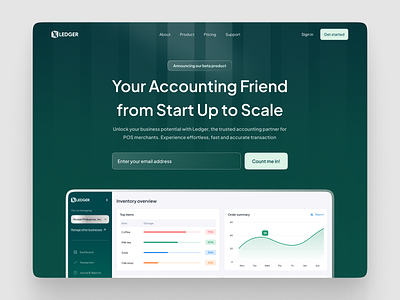 Ledger - All rounded Accounting Platform accountant accounting all in one clean credit dashboard expense finance full page futuristic green hero section landing page lean management platform sales system ui design value proposition