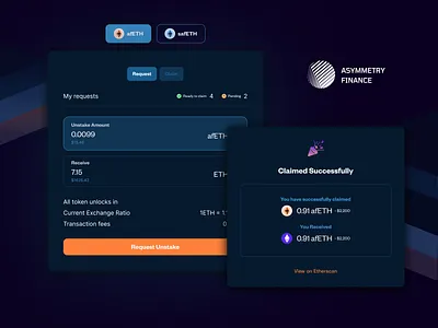 Stake assets and Claim rewards - Dark mode app blockchain cryptocurrency design ui