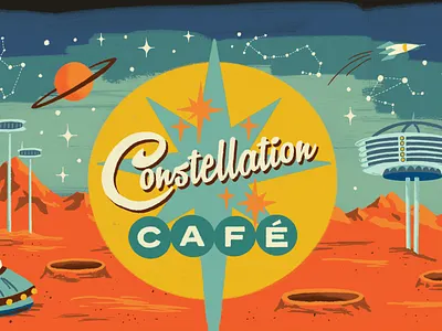 Constellation Café 50s branding constellation diner lettering mars outer space retro stars