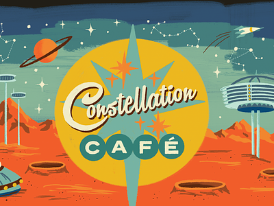 Constellation Café 50s branding constellation diner lettering mars outer space retro stars