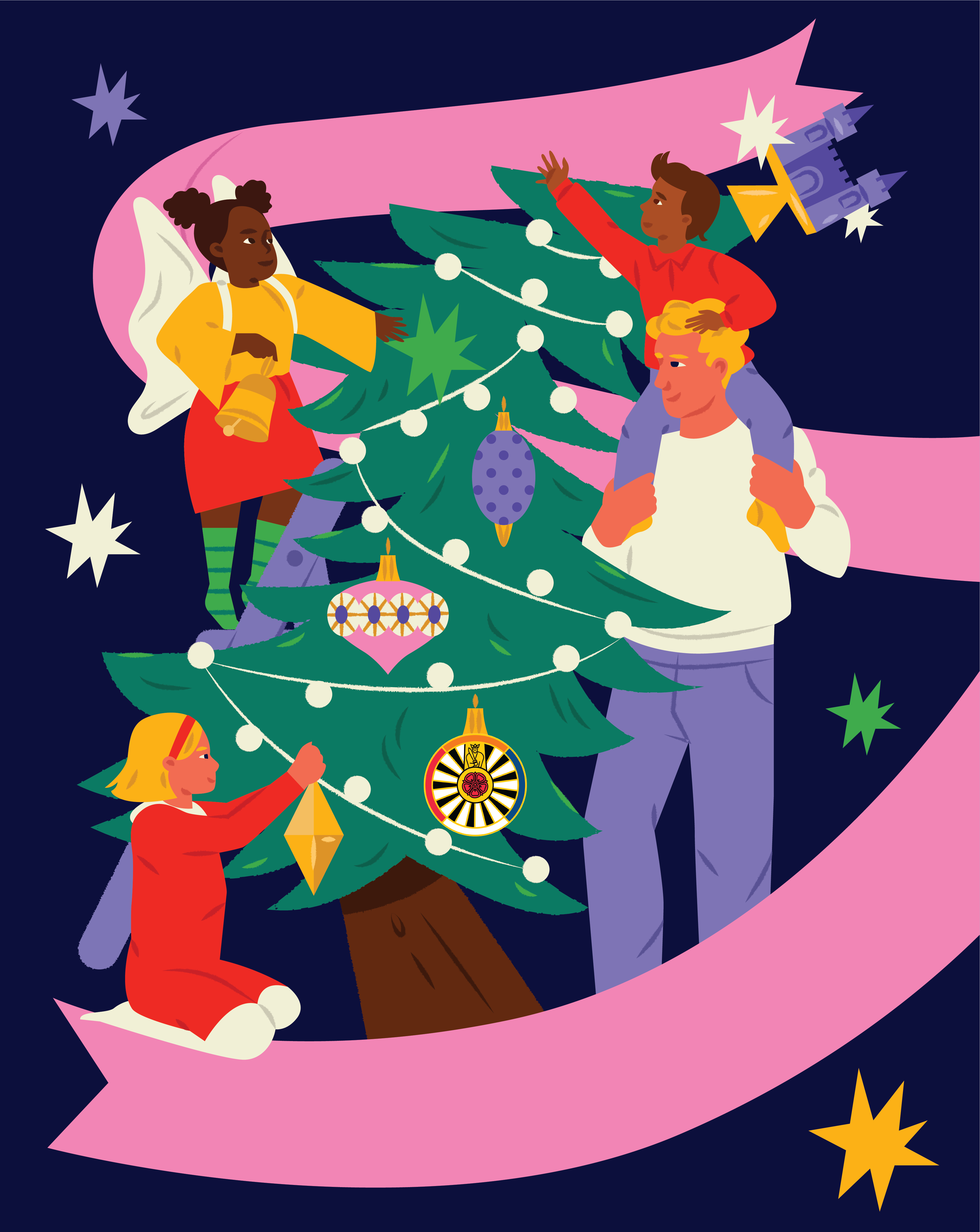 Decorating the Christmas tree christmas christmas tree decorating editorial flyer holidays illustration merry christmas ornaments poster stars