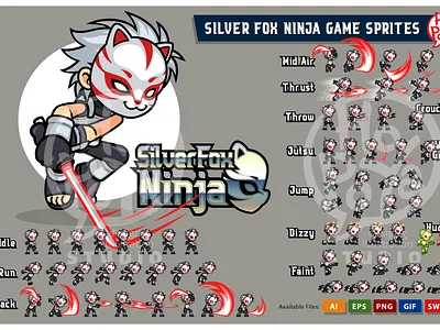Silver Fox Ninja Game Sprites action adventure assets cartoon character design endless runner game graphics hack slash illustration mobile games ninja side scroller sprite sheet sprites templates vector