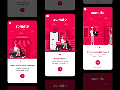 On Boarding Screens bike branding delivery boy design food delivery gradient graphic design illustration logo on boarding screens scooter social media ui vector zomato