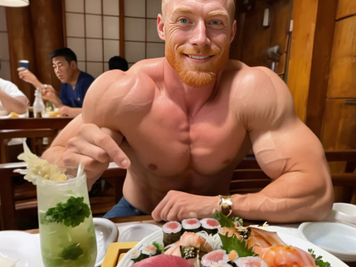 Ginger Hunk Eating Sushi and Sashimi - Photorealistic Ai ai digital art digital hunks generative ai illustration lgbt photo visual art