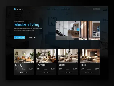 District - Tech dwellings ai apartment cards concept dark hero dark mode figma generative ai gradient interior landing page midjourney photography website