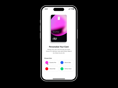 Personalize Card 3d 3d card animation bank card card 3d card design colors figma figma prototype nubank personalize prototype prototyping ui