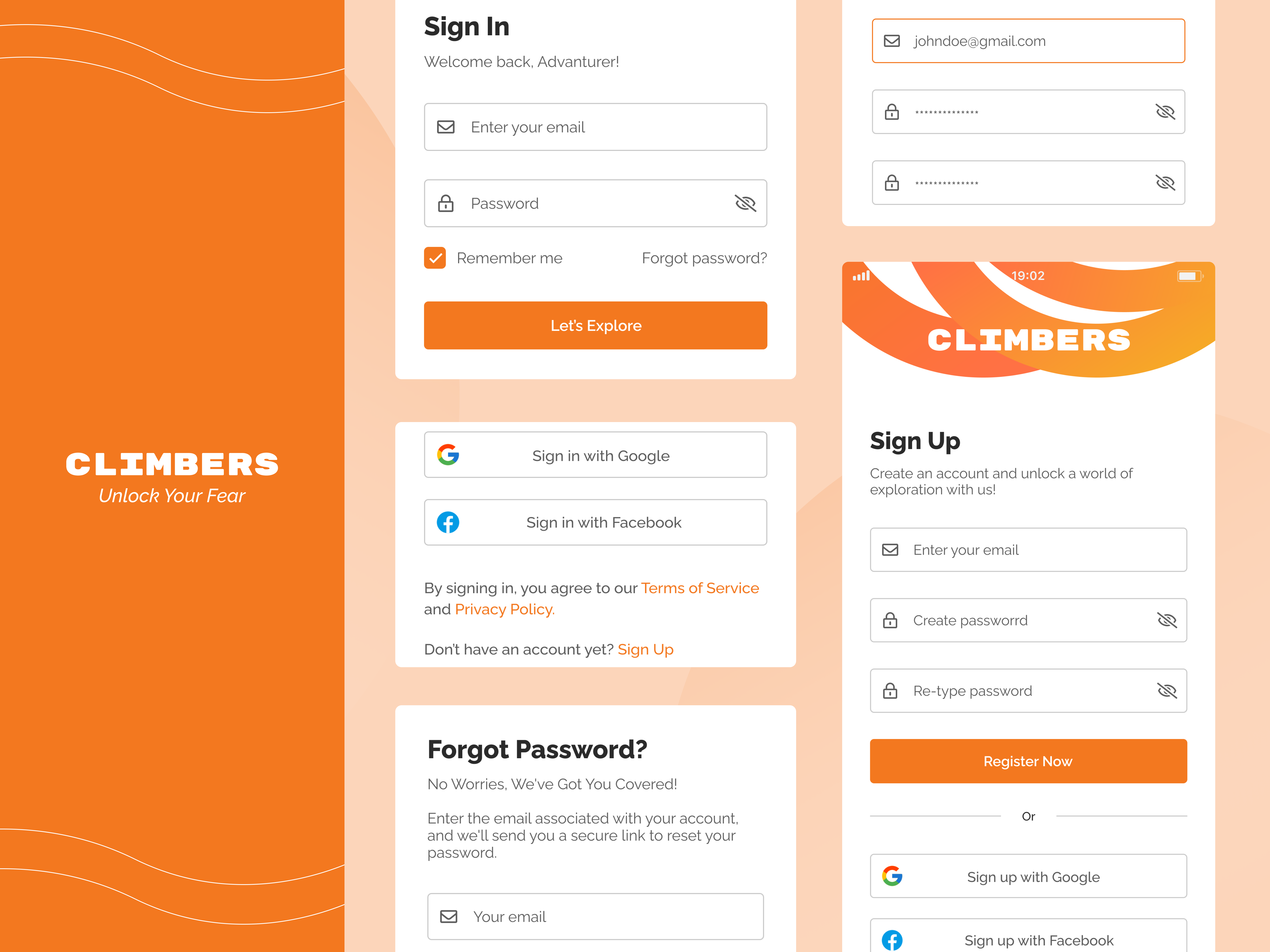Climbers: Elevate Your Experience - Sign In & Sign Up Page clean climber climbing designinspiration dribbbleshot login minimal mobile app mobile ui orange product design register sign in sign up simplicity ui ui design uidesign uiux ux