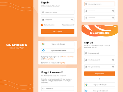 Climbers: Elevate Your Experience - Sign In & Sign Up Page clean climber climbing designinspiration dribbbleshot login minimal mobile app mobile ui orange product design register sign in sign up simplicity ui ui design uidesign uiux ux