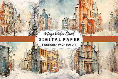 Vintage Winter Street Digital Paper commercial use art