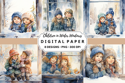 Children in Winter Windows Background tumbler wrap