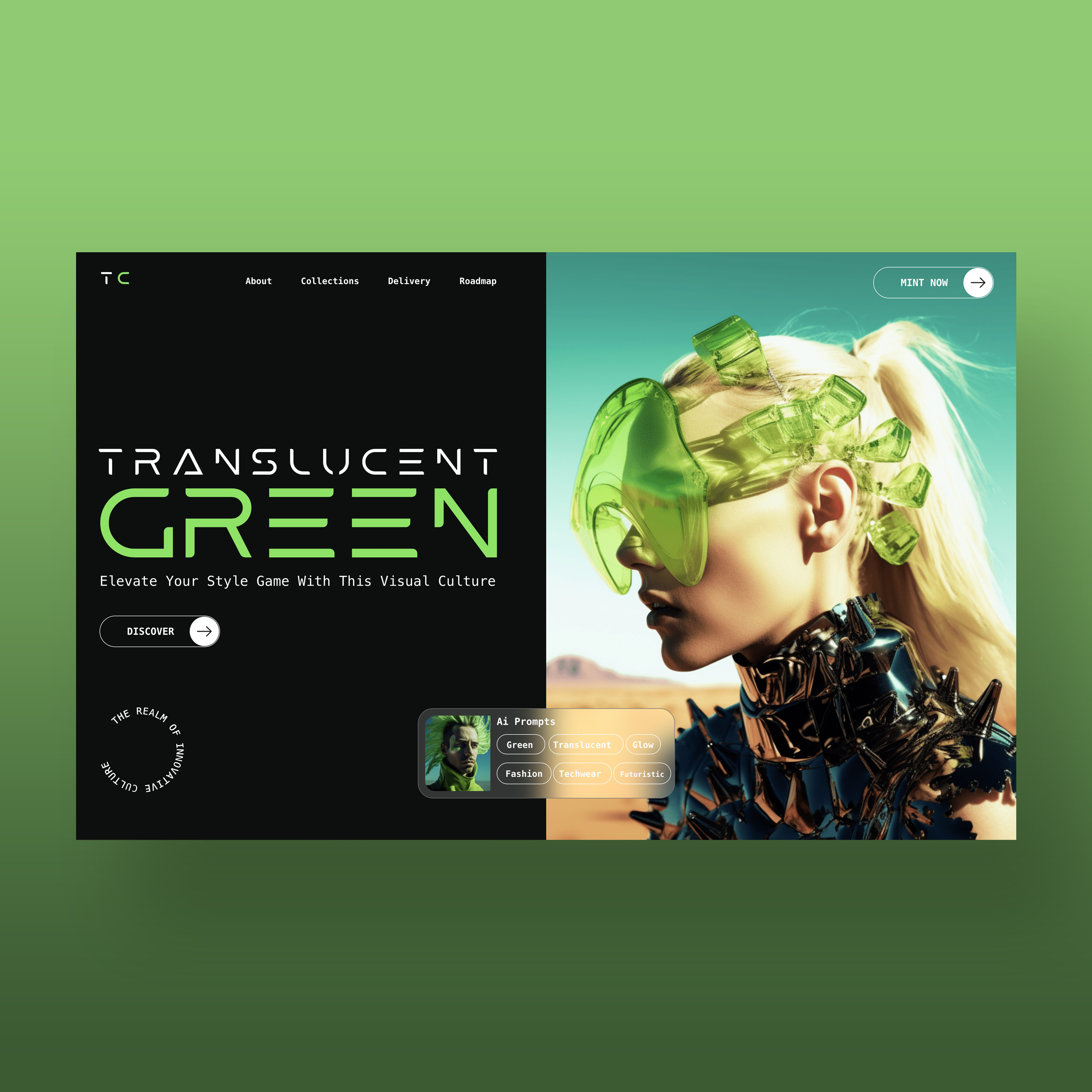Translucent Green Web Ui Design Concept ai ai fashion artificial intelligence blockchain crypto design graphic design illustration logo midjourney nft photography techwear ui ui design ux ux design web design