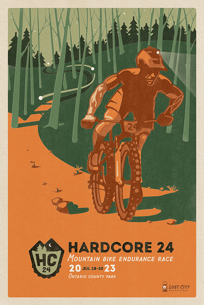 Hardcore 24 Race Poster 24 hr race endurance race illustration mountain bike mtb orange poster race rocks trail trees