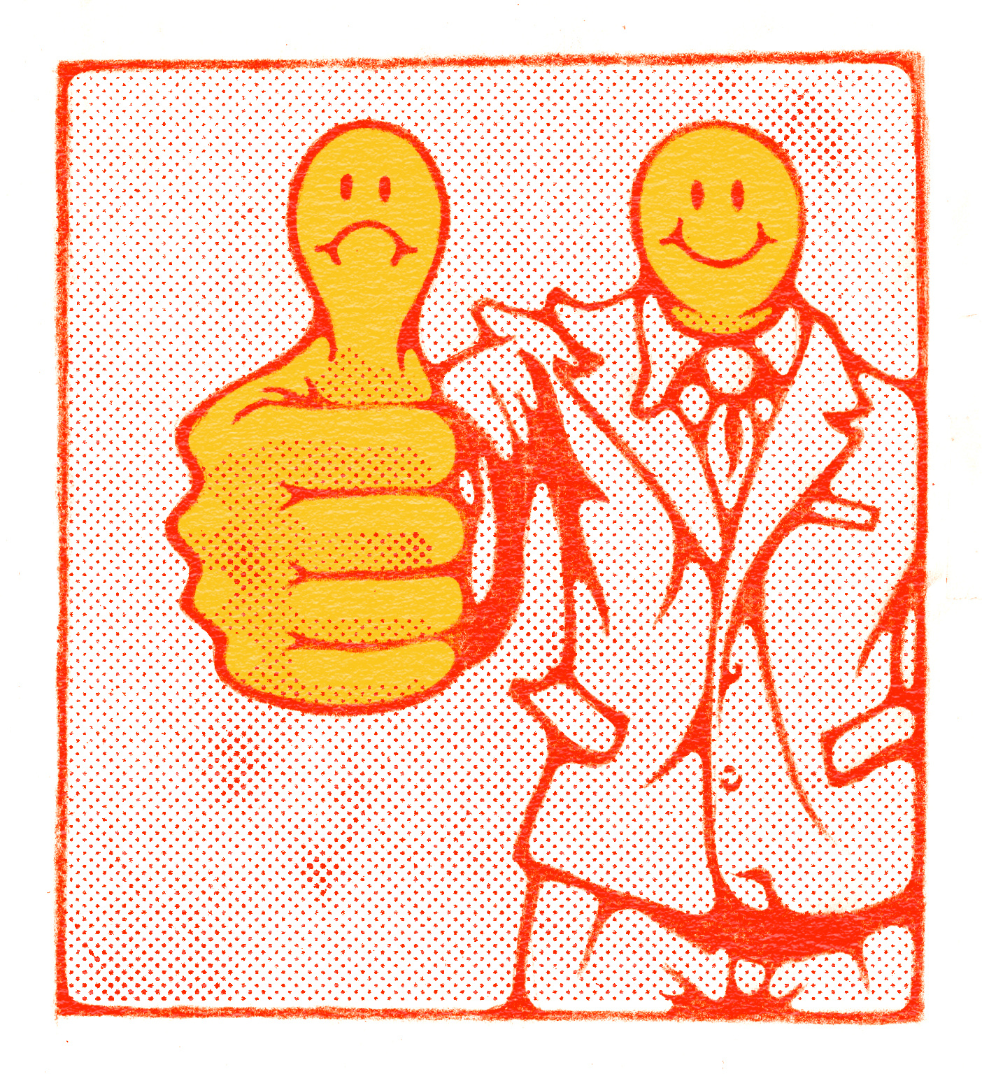 comme ci comme ça hand drawn illustration smiley face suit