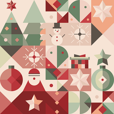 Christmas themed pattern. bauble bauhaus beige christmas christmas eve christmas tree colorful design geometric gift graphic design illustration neo geometric santa claus seamless pattern snowman stars vector vector illustration wrapping paper