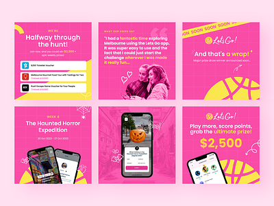 Let's GO Melbourne Social Media Posts augmented reality branding bright design graphic design illustration pink social media template ui ux vector