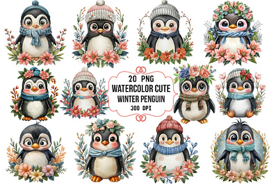 Watercolor Cute Winter Penguin Flower ai