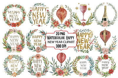 Watercolor Happy New Year Clipart black and white