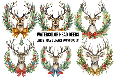 Watercolor Head Deers Christmas Clipart arrangement