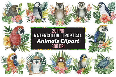 Watercolor Tropical Animals Clipart tree