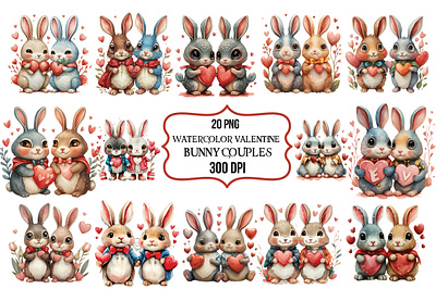 Watercolor Valentine Bunny Couples elegant