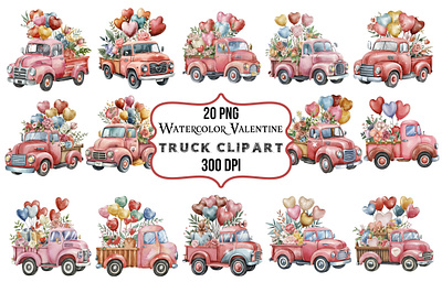 Watercolor Valentine Truck Clipart art