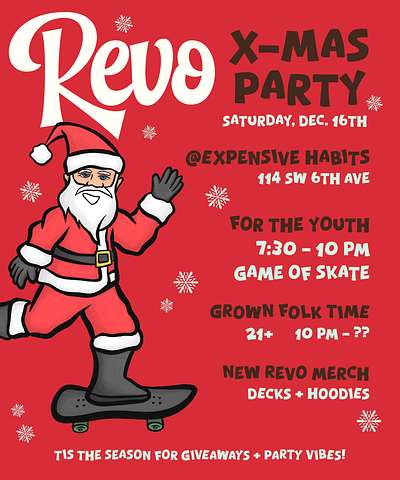 Christmas Flyer & Character Design adobe illustrator character character design christmas flyer graphic design green holiday illustration illustrator procreate red santa seasonal skate art skateboarding snow typography winter x mas