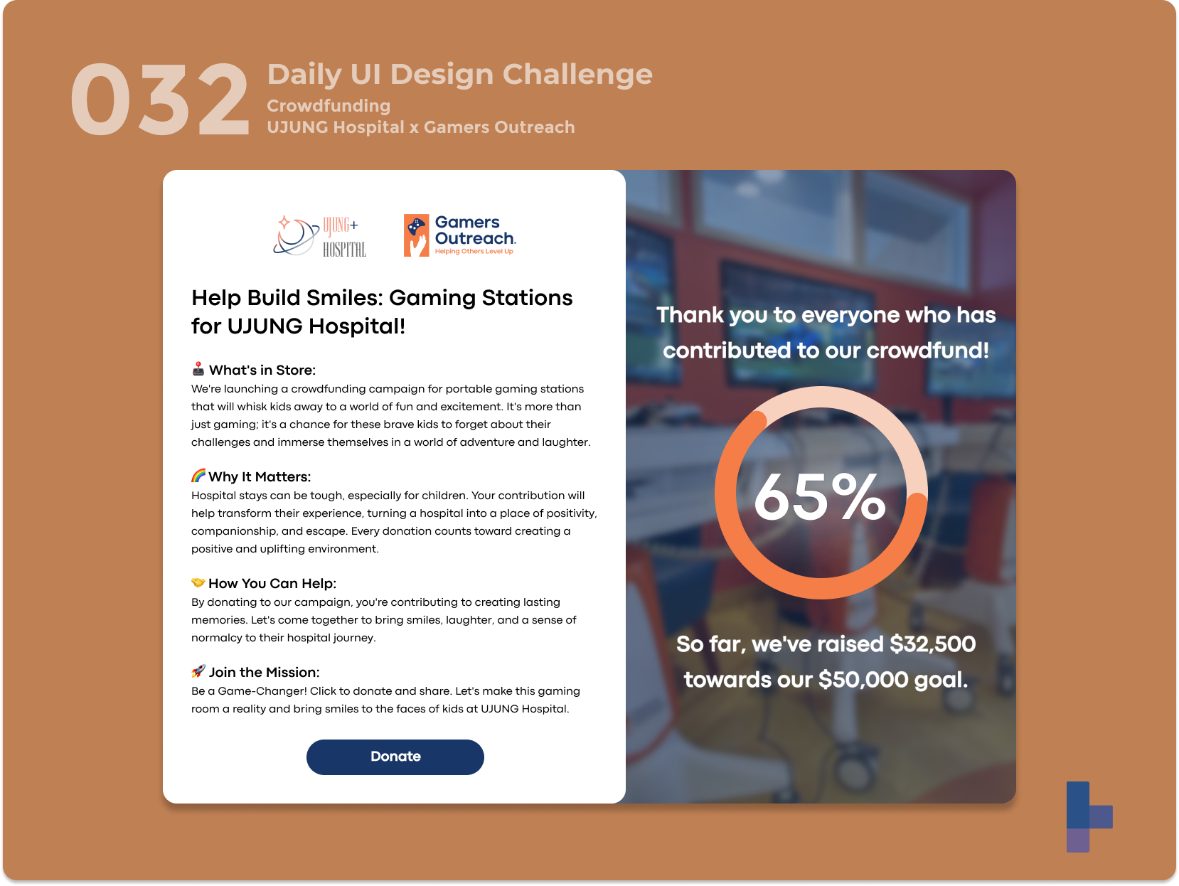 Daily UI 032 - Crowdfunding crowdfunding daily ui 032 daily ui 32 dailyui gamers outreach go karts hospital ui video games visual design