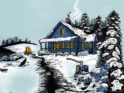 Cozy Cabin Illustration cabin cold cozy drawing fire home house illustration landscape off the grid outside path remote scene smoke snow snowy wilderness winter woods