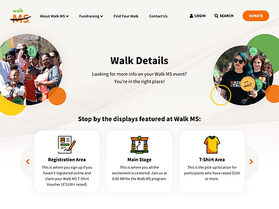 Walk MS Event Details Page Carousel carousel charity circles donate fundraising homepage icons non profit overlap rotation site ui website