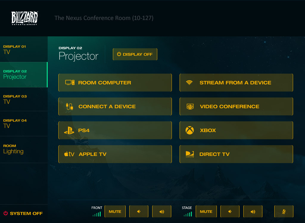 Audio Visual Controller for Conference Rooms av control conference call conference room controller dark theme gaming ipad lighting control tablet ui volume control