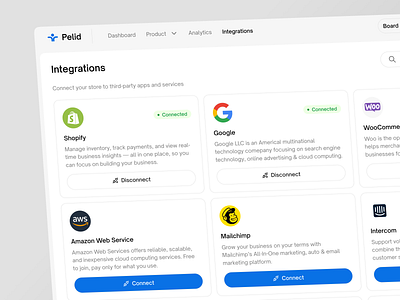 Pelid - Integrations chart clean dashboard design finance financial fintech fintech dashboard graphic income integration minimalist money product product design sales sales report ui ux wallet