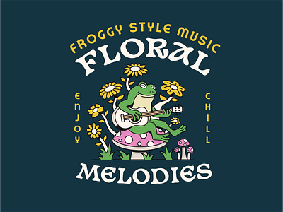 Floral Melodies - Illustration apparel branding clothing brand design floral frog froggy fun graphic design guitar illustration logo mascot merch merch design merchandise music playful retro t shirt