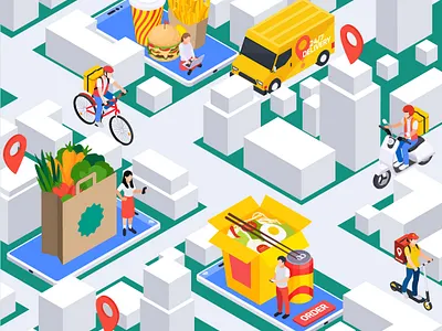 Food delivery service character illustration isometric isometric illustration people vector