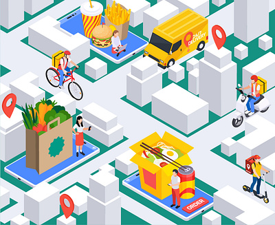Food delivery service character illustration isometric isometric illustration people vector