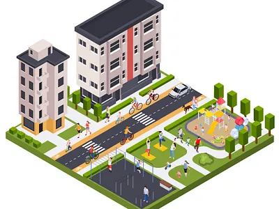 Modern residential area character design illustration isometric isometric illustration people vector