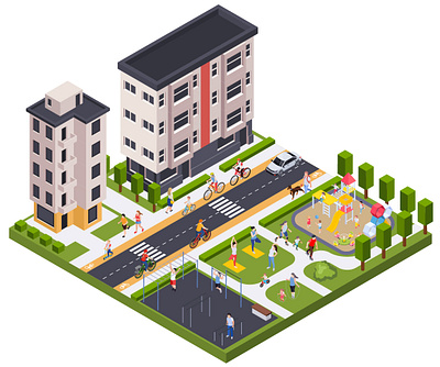 Modern residential area character design illustration isometric isometric illustration people vector