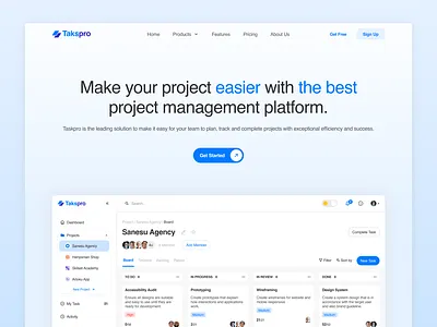 Landing Page Project Management Mobile : Taskpro 📊 crypto furniture invest kanban kanban board landing page market place projecr management system project management ui design uiux wallet web design website