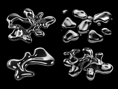 Y2K melted chrome liquid metal spilled puddle shapes v2 3d abstract aluminium blobs chrome distorted forms liquid melted metal organic puddles rendering shape silver spilled