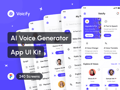 Voicify - AI Voice Generator App UI Kit ai ai app ai voice app ai voice generator app app app design application design design system figma interface mobile app mockup portfolio project template ui ui kit uiux ux design