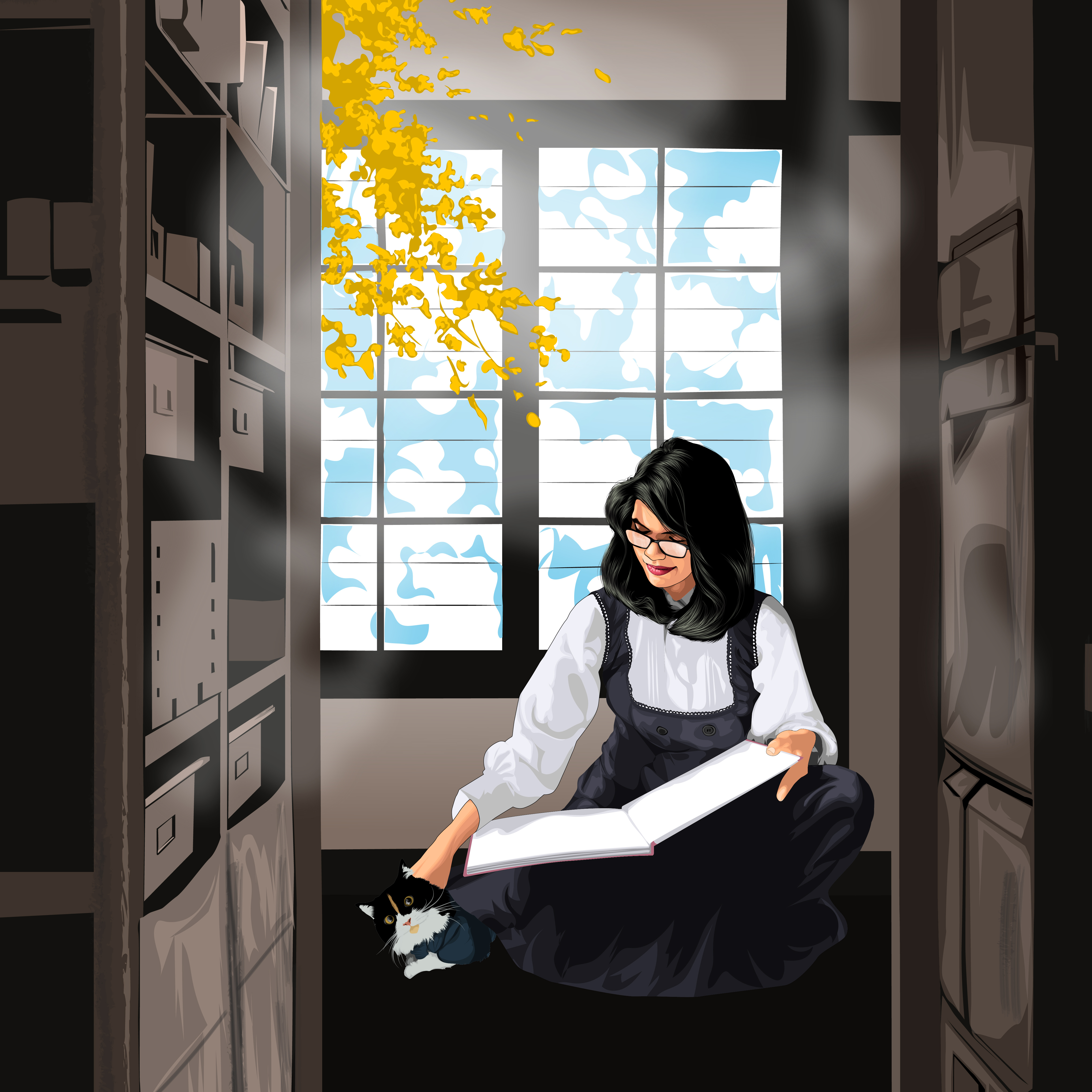 Vector Portrait of Reading with a Feline Friend adobe illustrator art avatar cartoon cartoon portrait digital art digital artist digital illustration drawing dribble artist illustration line art painting portrait illustration portrait painting vector vector artist vector portrait