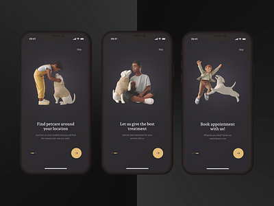 Onboarding screens for PetCare app 3d android app design branding case study dailyui dailyuichallenge dark mode illustration ios mobile application onboarding onboarding screens petcare splash screen ui ui design ux walkthrough welcome screen