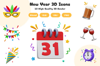 New Year Celebration 3D Icons Set 3d 3d artwork 3d icon app blender blender 3d design graphic design icon illustration logo ui